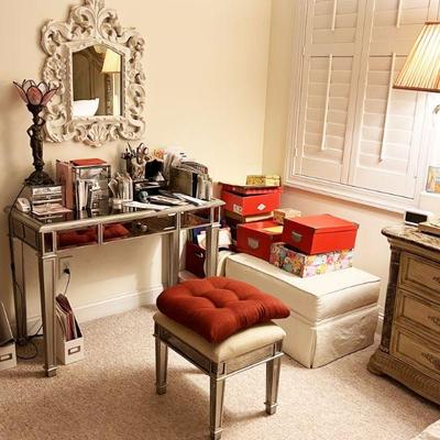 Sale Photo Thumbnail #73: MASTER BEDROOM MIRRORED VANITY/DESK WITH SMALL UPHOLSTERED BENCH AND CARVED WOOD WHITE MIRROR