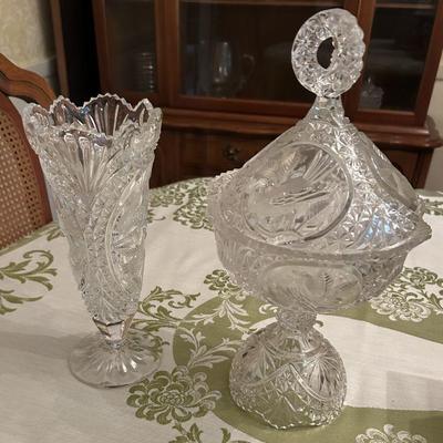 Lead Crystal Vase and Lidded Dish Bird Pattern