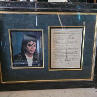 #3308 • Framed Michael Jackson Photo and Signed Application and Agreement for Certificate of Compliance
