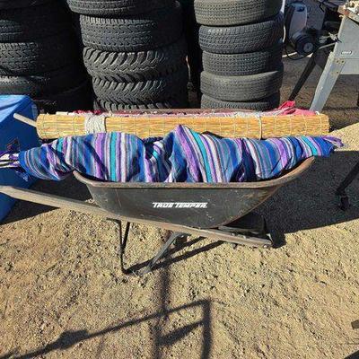 #2164 • Wheel Barrow, Bamboo Window Shade, Patio Umbrella, Hammock
