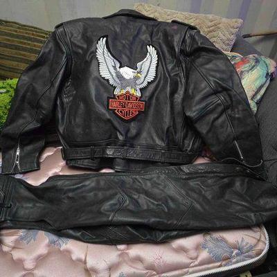 #3362 • Harley Davidson Leather Jacket, Chaps, and Riding Gloves
