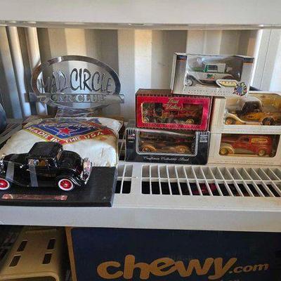 #3378 • 1932 Ford 3-Window Model Car, (5) Model Car Coin Banks, NHRA Pillow, Car Club Ensignia, Dodge Ba...
