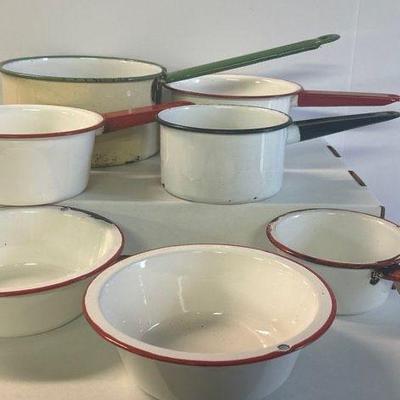 Vintage White Enamel Pots and Pans