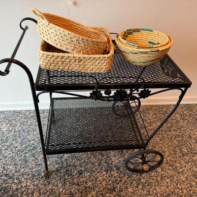 Salterini Style Black Metal Outdoor Bar Cart.  Misc. Woven Baskets