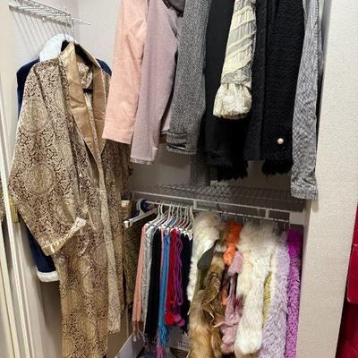 Women's Clothing and  Accessories. Suits, Suit Jackets, Shawls, Boleros, Bathrobes, and accessories in boxes.