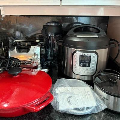 Red Enameled Cast Iron Skillet with Lid, Food Scale, Mini Crock Pot, Insta Pot, Vita Mix Container with Lid - Never Used (no motor).