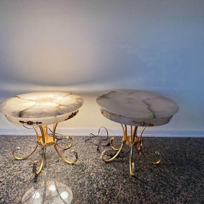 2 Vintage Onyx and Brass Lighted End Tables. 