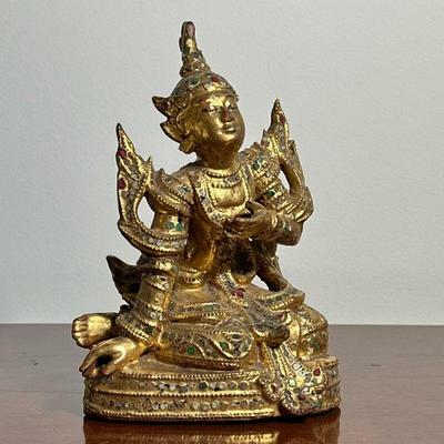 GILT WOOD THAI FIGURE | Gilt and jeweled carved wood Thai Singha figure. - h. 8.5 x w. 6 x d. 4.25 in

