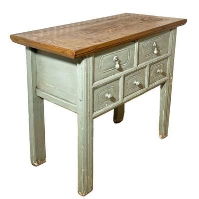ANTIQUE SIDE TABLE | Having carved wood top over 2 splits width drawers over 3 1/3 width drawers painted in a distressed light...
