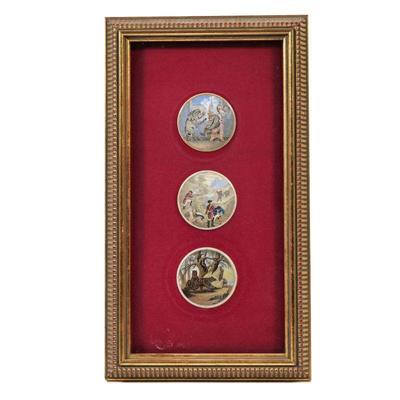 MOUNTED PORCELAIN PLAQUES | Decorated with transferware scenes of bears mounted in shadowbox with gilt frame, plaques dia; 3in. - w. 10.5...