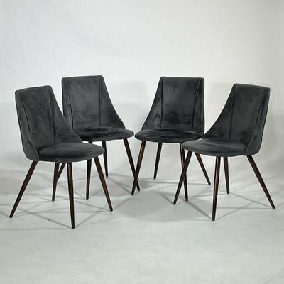 (4pc) MODERN DINING CHAIRS | Shaped backs with grey velvet-like upholstery on splayed wood legs. - h. 32 x w. 20 x d. 21 in

