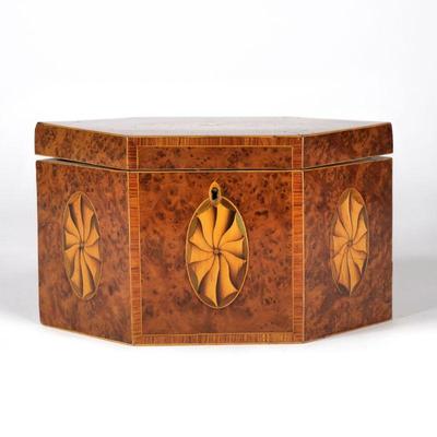 REGENCY MARQUETRY HEXAGONAL ENGLISH TEA CADDY | 19th century, burlwood with contrasting borders, having linenfold inlay on the lid and...