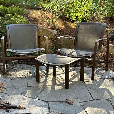 (3pc) Brown Jordan Chair & Ottoman | Two spring rocking lounge chairs and a matching footrest. - h. 33 x w. 30 x l. 26 in (chair)

