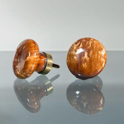 (2pc) GLAZED CERAMIC PULLS | Screw-type knobs or drawer pulls, mottled brown glaze in a faux-tortoiseshell style, with brass hardware. -...