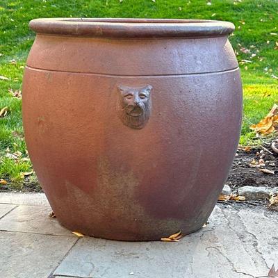 Large Pottery Planter | With lions heads. - h. 25 x dia. 24 in

