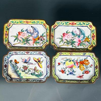 (4pc) CHINESE ENAMELED DISHES | Shaped enameled porcelain dishes decorated en famille rose, including a pair of dishes depicting a man...