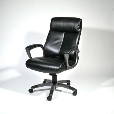 BLACK LEATHER OFFICE CHAIR | Padded faux leather seat with armrests. - h. 42 x w. 27 x d. 30 in

