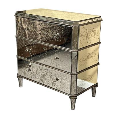 CURREY & CO. MIRRORED CHEST | Antiqued mirrored accent chest designed by Currey & Company, three drawer side table / nightstand...