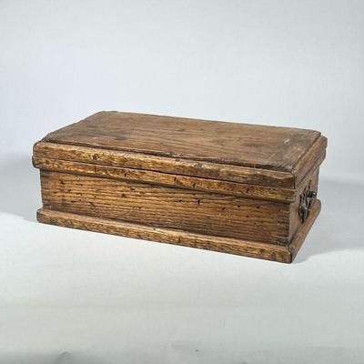 CARVED OAK DOCUMENT BOX | Document or trinket box, heavy carved oak, with hinged lid and side handles. - h. 5 x l. 15 x d. 8.25 in

