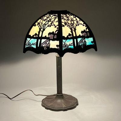 SLAG GLASS TABLE LAMP | Formed brass or other metal over a milky blue / white glass shade with a repeating chinoiserie pattern of a...
