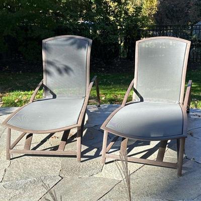 (2pc) Pair Brown Jordan Lounge Chairs | Outdoor patio lounge chairs with adjustable back rests. - h. 20.75 x w. 29.5 x l. 69 in (base

