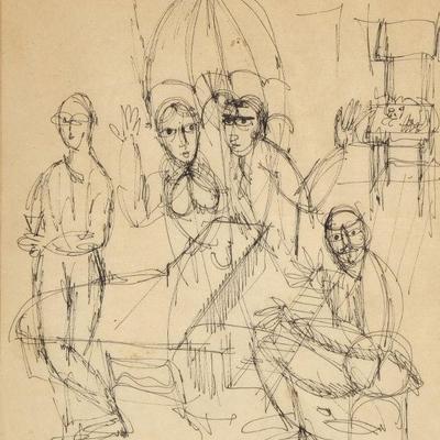 MID CENTURY FIGURAL PEN & INK DRAWING | Signed "Cosia" (?) and dated 68 lower left; sight 10.5 x 8.25 in. - h. 14 x w. 12...
