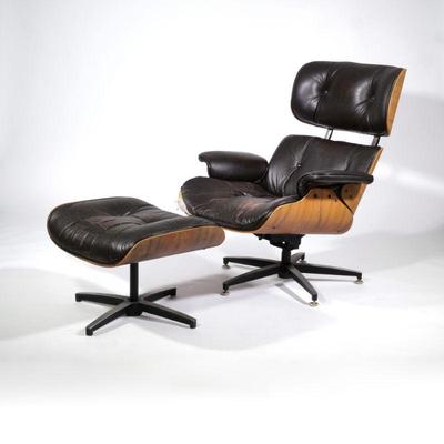 AFTER EAMES LOUNGE CHAIR | The chair with a five-legged base, the ottoman with a quadruped base, no apparent maker.

