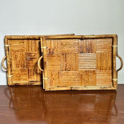 (2pc) PAIR BAMBOO TRAYS | Two small decorative or serving trays with woven bamboo pattern. - w. 9.5 x l. 13.5 in (Each)

