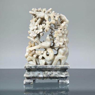 CHINESE SOAPSTONE CARVING | Pale openwork soapstone carving depicting birds among flowering branches atop a pedestal. - h. 7 x w. 4 x d....