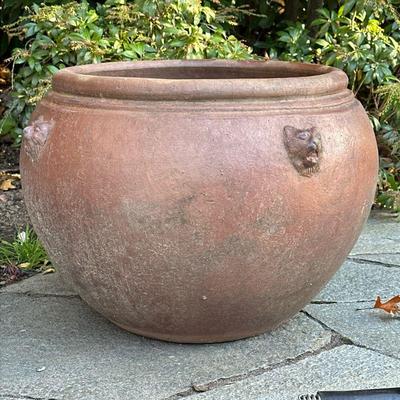 Large Pottery Planter | With lions heads. - h. 18 x dia. 24 in

