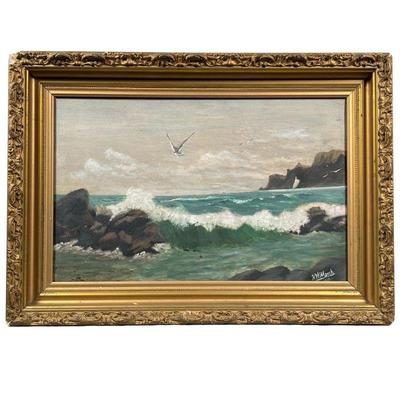 H. W. MARSH, OIL ON CANVAS | Seascape. Oil on canvas painting. Showing a bird in flight over the sea, signed lower right "H W...
