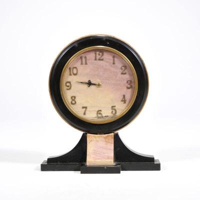 Turler Zurich Art Deco Desk Clock | Swiss Art Deco clock with pink marble, in a fitted Turler Zurich presentation box - h. 6.75 x l. 5.75...