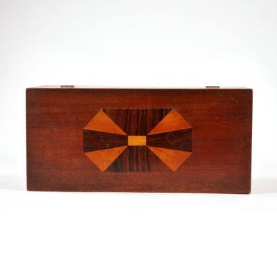 ANTIQUE INLAID WOOD BOX | Having a hinged lid with parquetry inlay with contrasting woods, with two layered pink velvet lined interior. -...