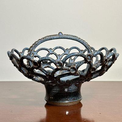 HERZOG GLAZED POTTERY OPENWORK BASKET | Blue and brown flambé glaze, signed on the bottom. - h. 6 x dia. 10 in

