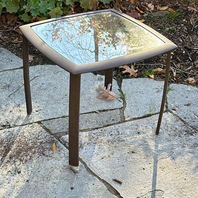 Brown Jordan Patio Side Table | Outdoor patio side table having a glass top on a metal base. - h. 16.5 x w. 20 x l. 20 in

