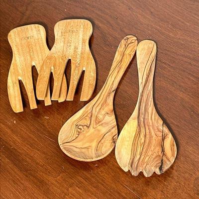 (4pc) SALAD SERVERS | Two pairs of salad server sets, including a pair of Core brand servers and a pair of nicely figured wood fork/spoon...