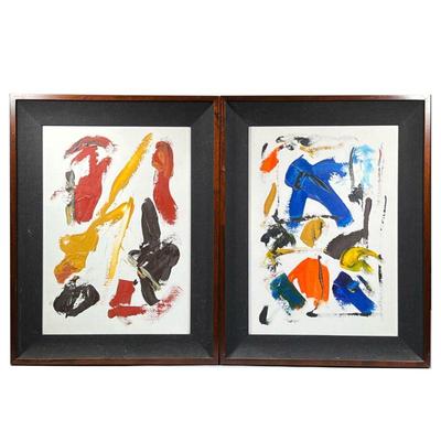PAIR ABSTRACT PAINTINGS | Abstractions in browns and blues. A pair of modern expressionist acrylic or oil on canvas paintings in uniform...