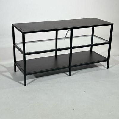 CONTEMPORARY MEDIA STAND | Black metal TV stand having a dark faux wood top and lower shelf with a medial glass shelf. - h. 21 x l. 39.5...