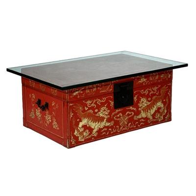 CHINESE GILT LEATHER BOX | The box with metal carrying handles and hardware, with allover gilt decoration with lions and scrollwork,...