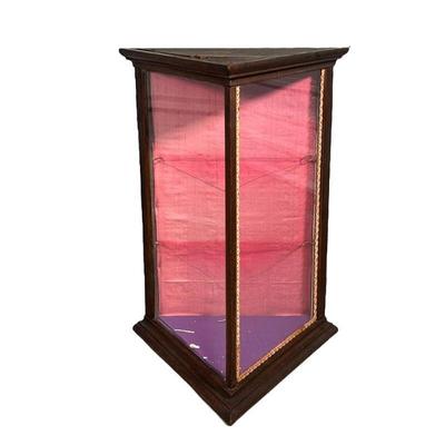 TRIANGULAR ANTIQUE TABLETOP DISPLAY CABINET | Of unusual form, having three interior shelves and with wire for hanging earrings; ideal...