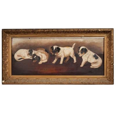 AMERICAN SCHOOL FOLK ART PUPPIES (20th Century) | Puppies looking at a spider. Oil on board. 10 x 24 in.. No apparent signature. - h....