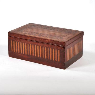 PARQUETRY WOOD BOX | Having a hinged lid and a velvet lined interior, with all over parquetry of inlaid contrasting woods on lid and...