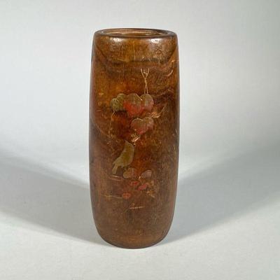MIXED METAL & WOOD VESSEL | Burlwood vessel of ovoid shape having applied metal decoration of a bird among leaves and with short...