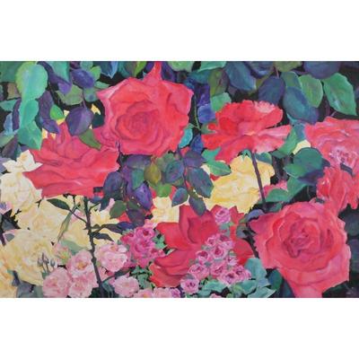 LARGE FORMAT OIL PAINTING | Of flowers, signed lower right. - h. 54 x w. 77.25 x dia. Frame in

