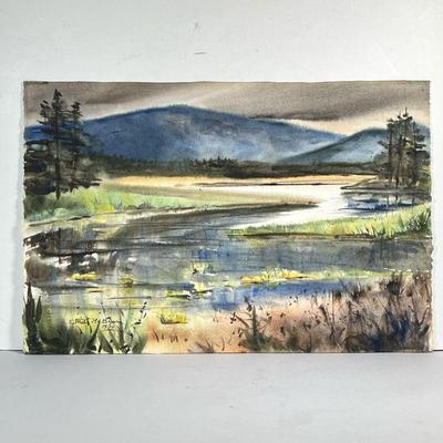 ETHEL H. BLUM WATERCOLOR | Inlet, Somesville Mountainous landscape, watercolor on Arches paper. Signed lower left and dated 1930 - h. 15...