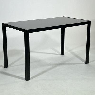 MODERN BLACK GLASS DINING TABLE | Kitchen dining table comfortably seating four, with removable dark glass top on a black metal frame. -...