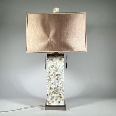 MOTHER of PEARL MOSAIC TABLE LAMP | Iridescent mother of pearl mosaic column on a chrome / stainless square base, with a custom...