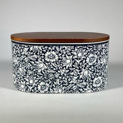 WILLIAM SONOMA X MORRIS & CO. BREAD BOX | Ceramic bread box decorated with botanical motif, gilt rim, and acacia wood lid. - h. 7.5”...