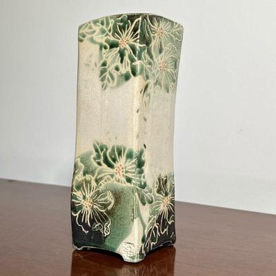 STENCILED POTTERY VASE | Square form vase with glazed stenciled flower decoration, with impressed stamp mark to lower edge. - h. 8.75 x...