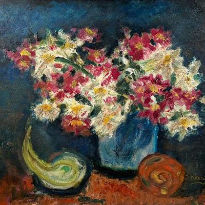 SIGNED STILL LIFE PAINTING | Oil on canvas with impasto, tabletop still life showing fruits and flowers in a vase, signed lower left,...